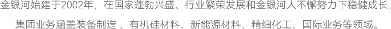 3044am永利集团始建于2002年，在国家蓬勃兴盛、行业繁荣发展和3044am永利集团人不懈努力下稳健成长，
集团业务涵盖装备制造 、有机硅材料、新能源材料、精细化工、国际业务等领域。
